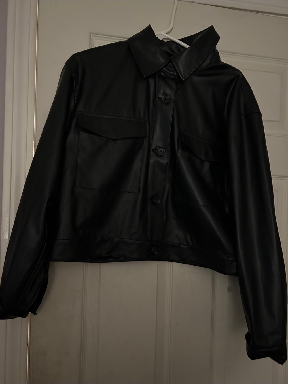 Women's Black Cropped Faux Leather Button-Up Jacket